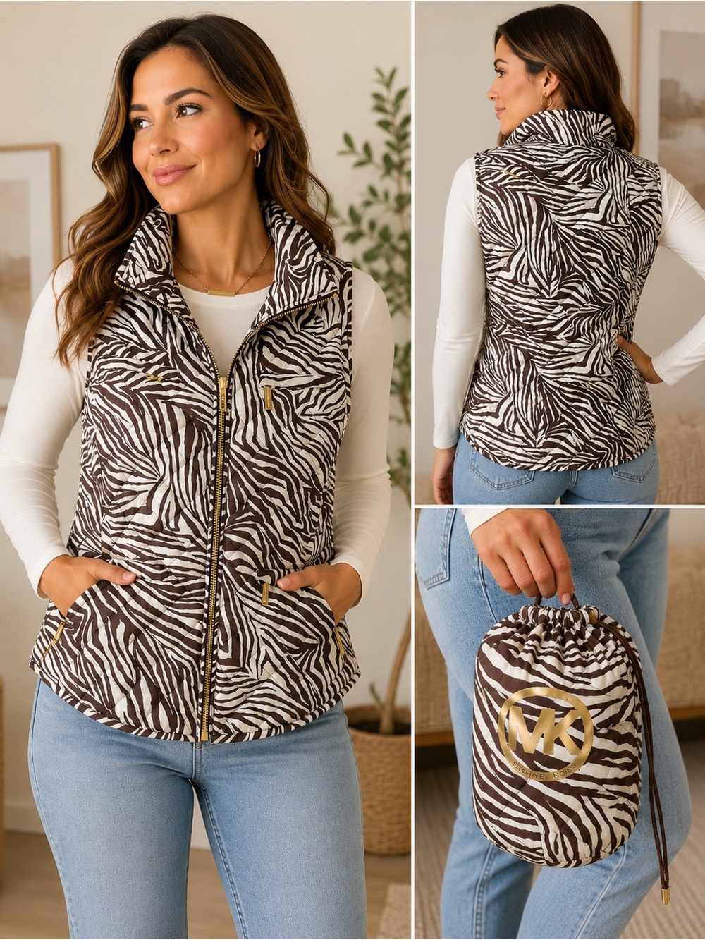 Michael Kors Zebra Print Packable Puffer Vest M Brown White